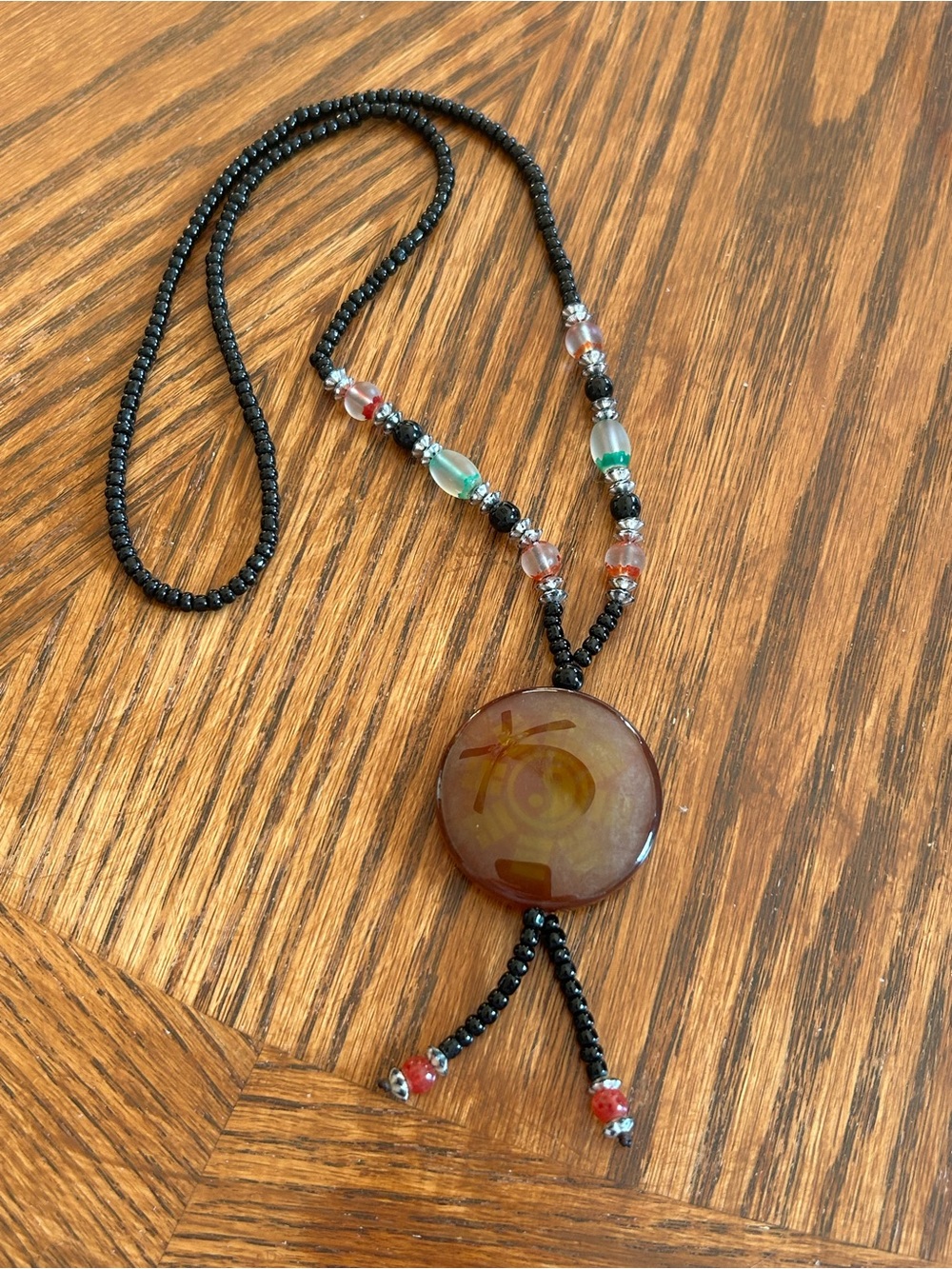 Vintage Art Glass Yin Yang Pendant Black & Mixed Glass Bead Necklace
